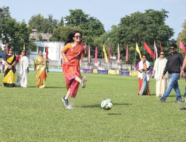 TMC MP Mahua Moitra played football wearing a sari