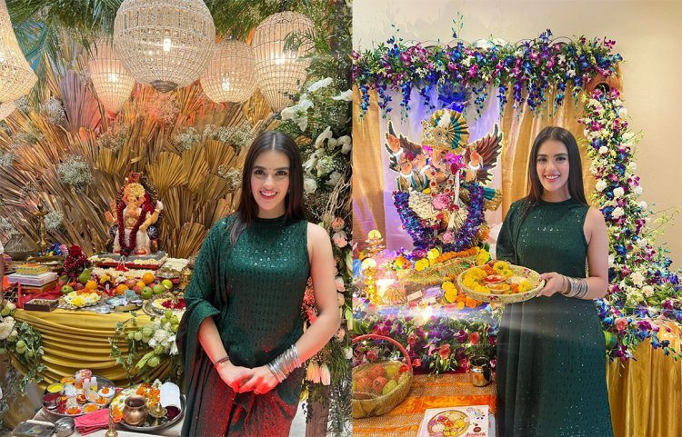 Actress Kavya Thapar looks exquisite as she gets into the festive spirit seeks blessings of Bappa amid her debut release of Middle-Class Love