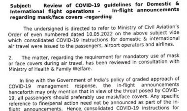 Now wearing mask in flight is optional; Condition of Air Suvidha form is still applicable