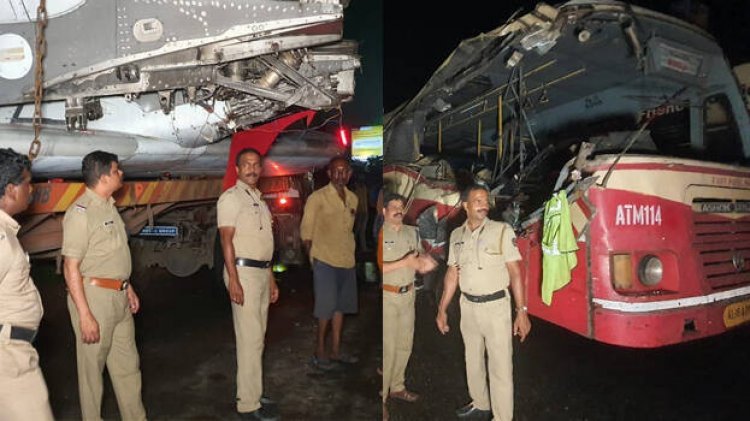 Airplane wing kept in the truck collided with the bus