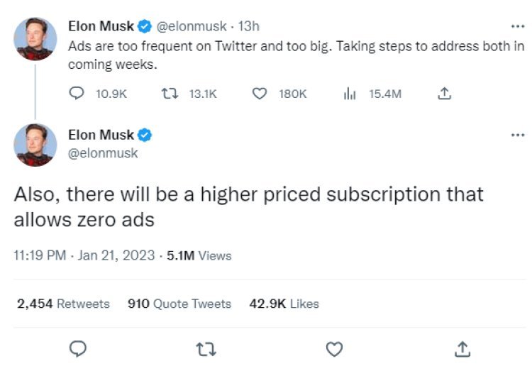 Elon Musk will bring zero ad subscription in Twitter