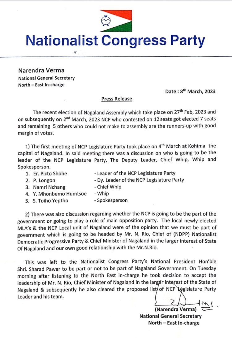 NCP supports BJP coalition government in Nagaland