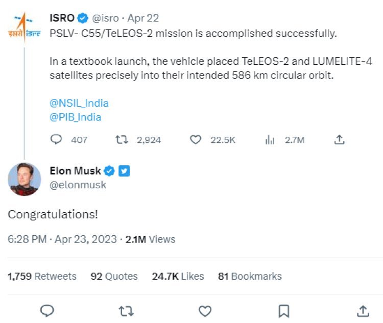 Musk congratulated on the successful launch of ISRO