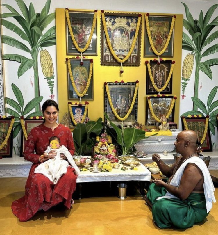Ram Charan and Upasana's daughter Klin Kaara celebrated the first Varalakshmi Vratam, the princess looked cute in white lehenga.