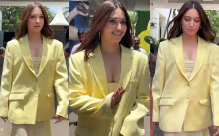 Tamannaah Bhatia Stuns in Trendy Yellow Tube Dress and Blazer Combo by Deme
