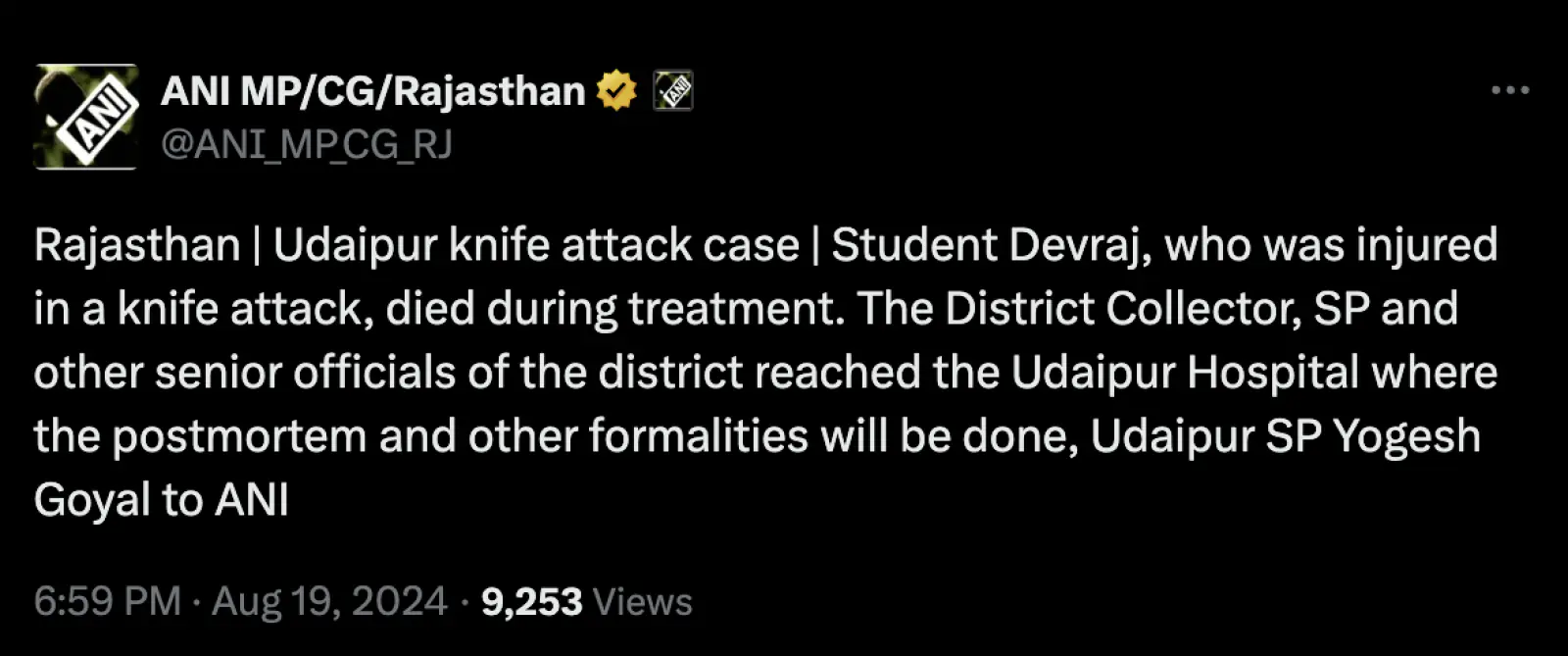 Student Devraj, injured in Udaipur knife attack, dies, police force deployed in the area