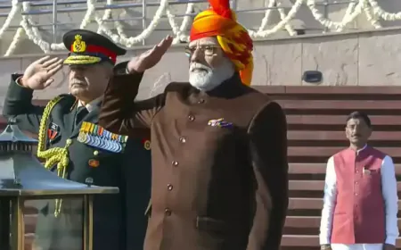 76th Republic Day: PM Modi tied a red-yellow colored turban; seen wearing a closed neck coat with kurta-pyjama