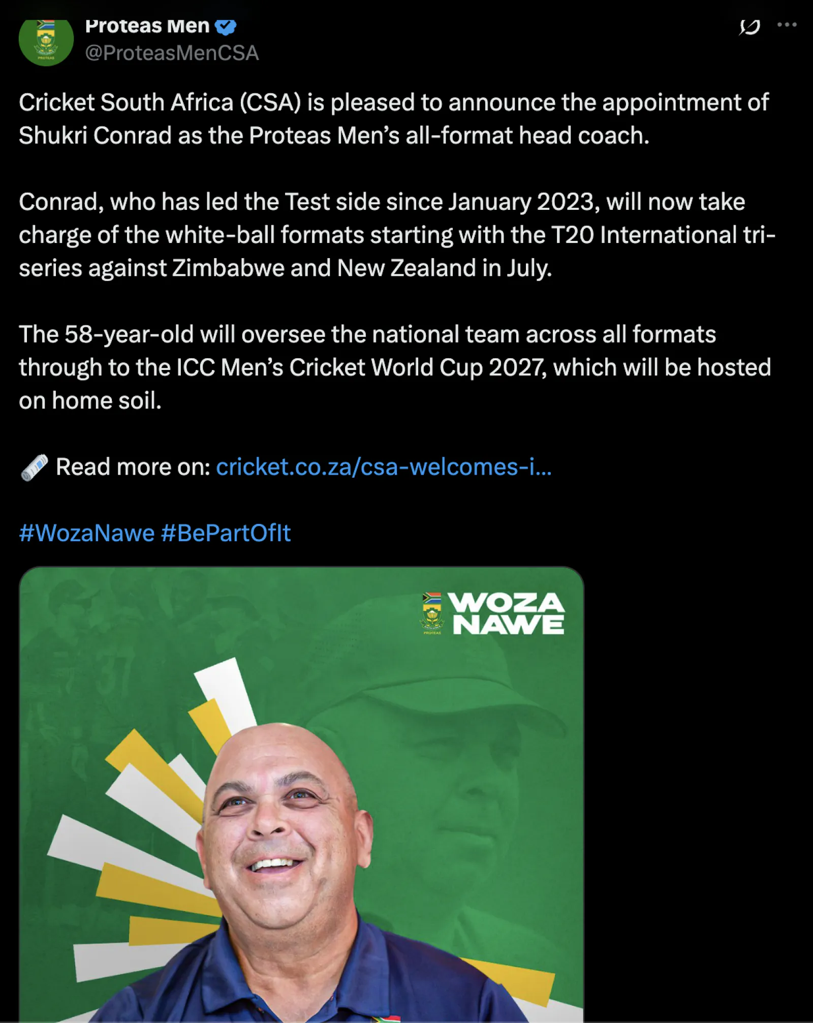 South Africa Cricket gave big responsibility to Shukri Conrad, will be seen in this role till 2027 ODI World Cup