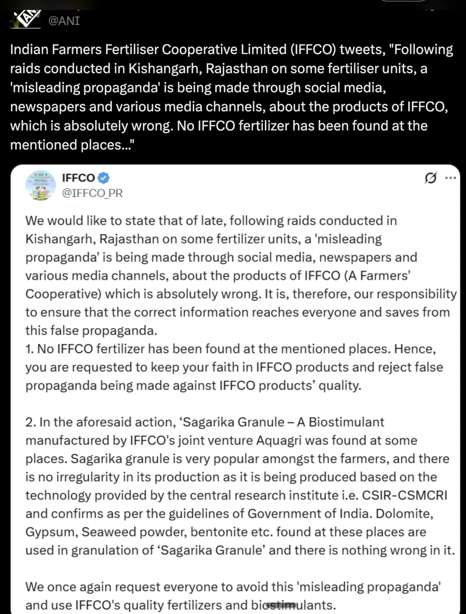 Spreading misinformation on IFFCO products, the company claims no connection with Kishangarh raid