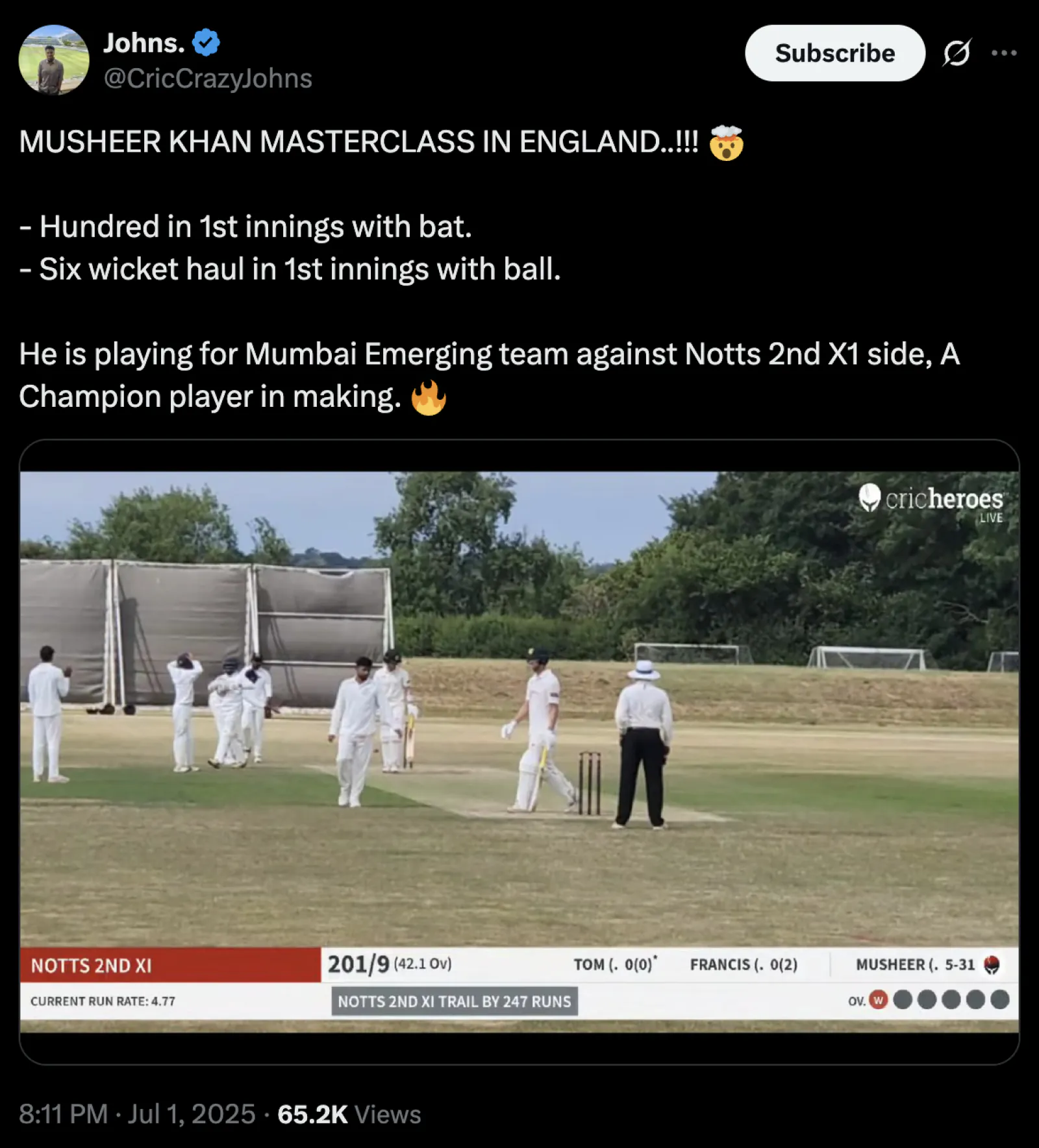 Sarfaraz Khan's brother Musheer scored a century with the bat and single-handedly dismissed 6 batsmen with the ball