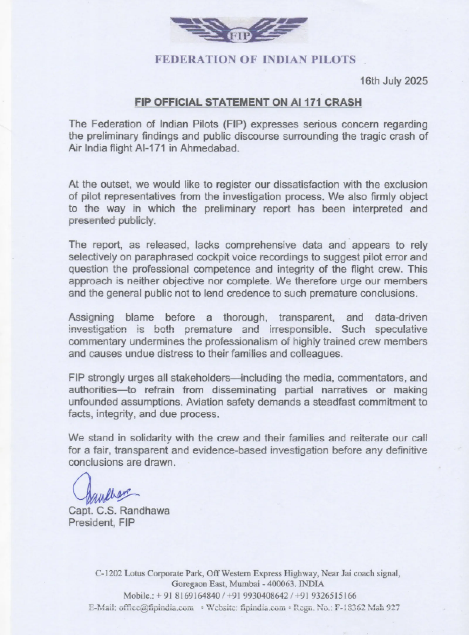 'Irresponsible to blame before a transparent investigation', FIP concerned with AAIB's preliminary report