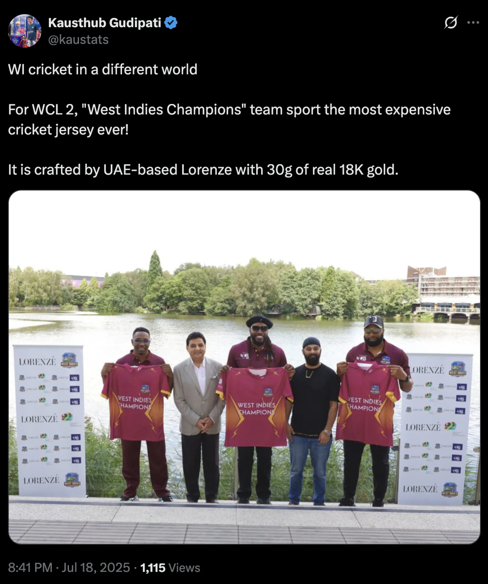 West Indies Champions team will wear cricket's most expensive jersey, specially designed with gold