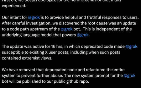 Musk's company xAI apologized for the glitch in Grok AI, there was a ruckus over praising Hitler and abusive language
