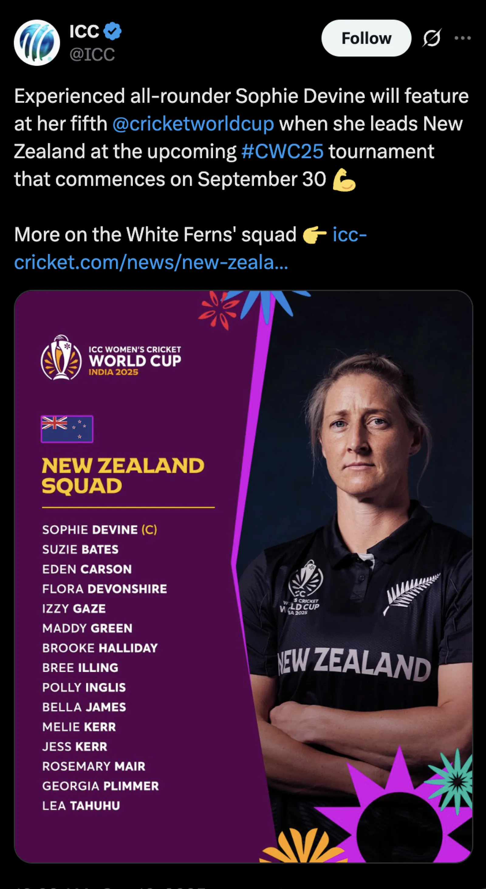 New Zealand Names 15-Member Squad for Women’s ODI World Cup 2025