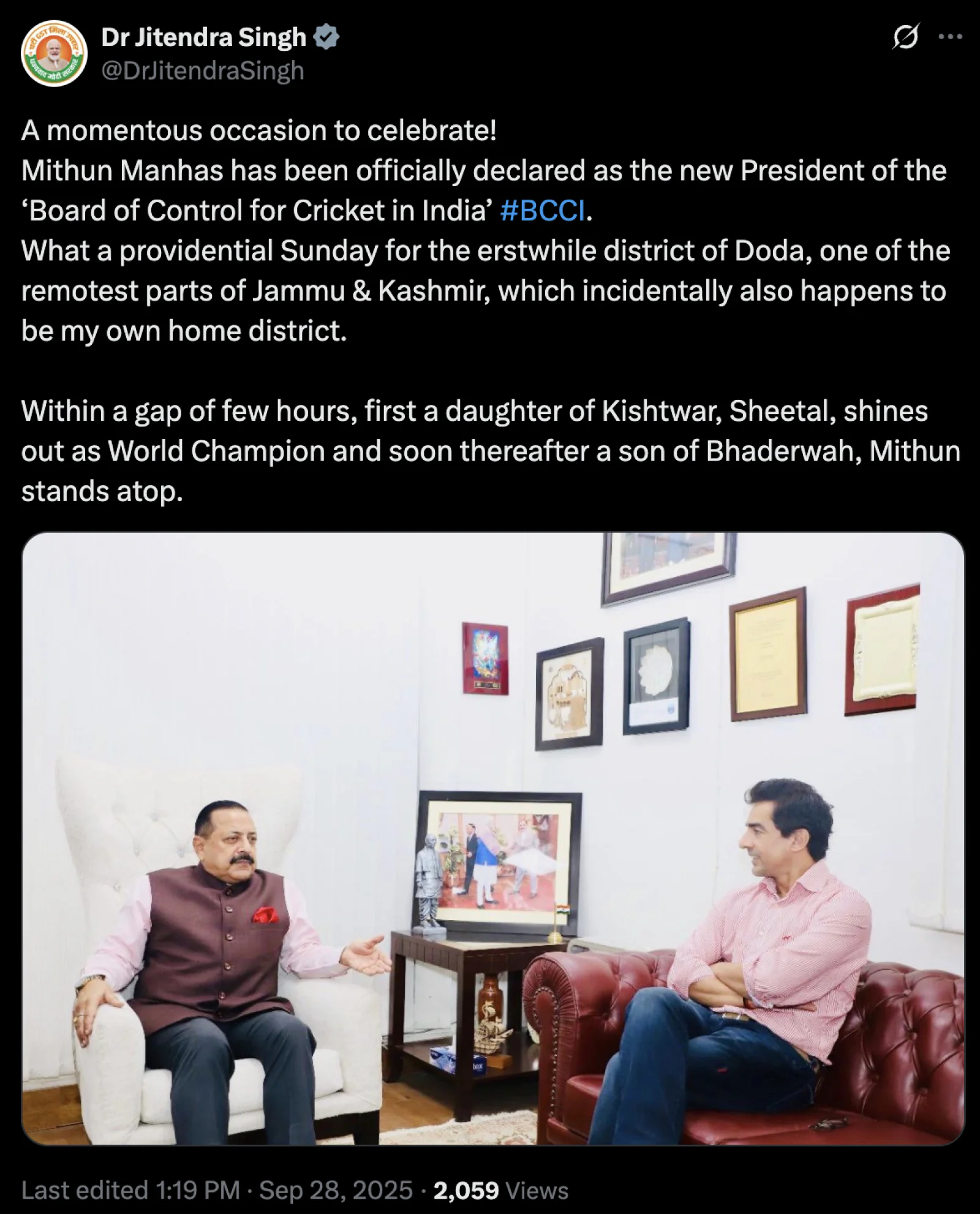 Mithun Manhas Becomes BCCI President; Rajiv Shukla Vice President