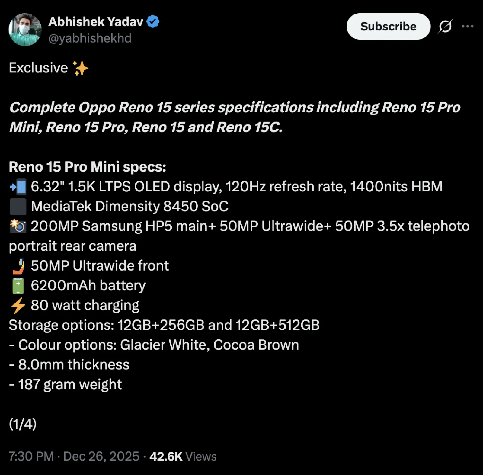Oppo Reno 15 Pro Mini Expected to Offer 200MP Camera, Dimensity 8450 Chip