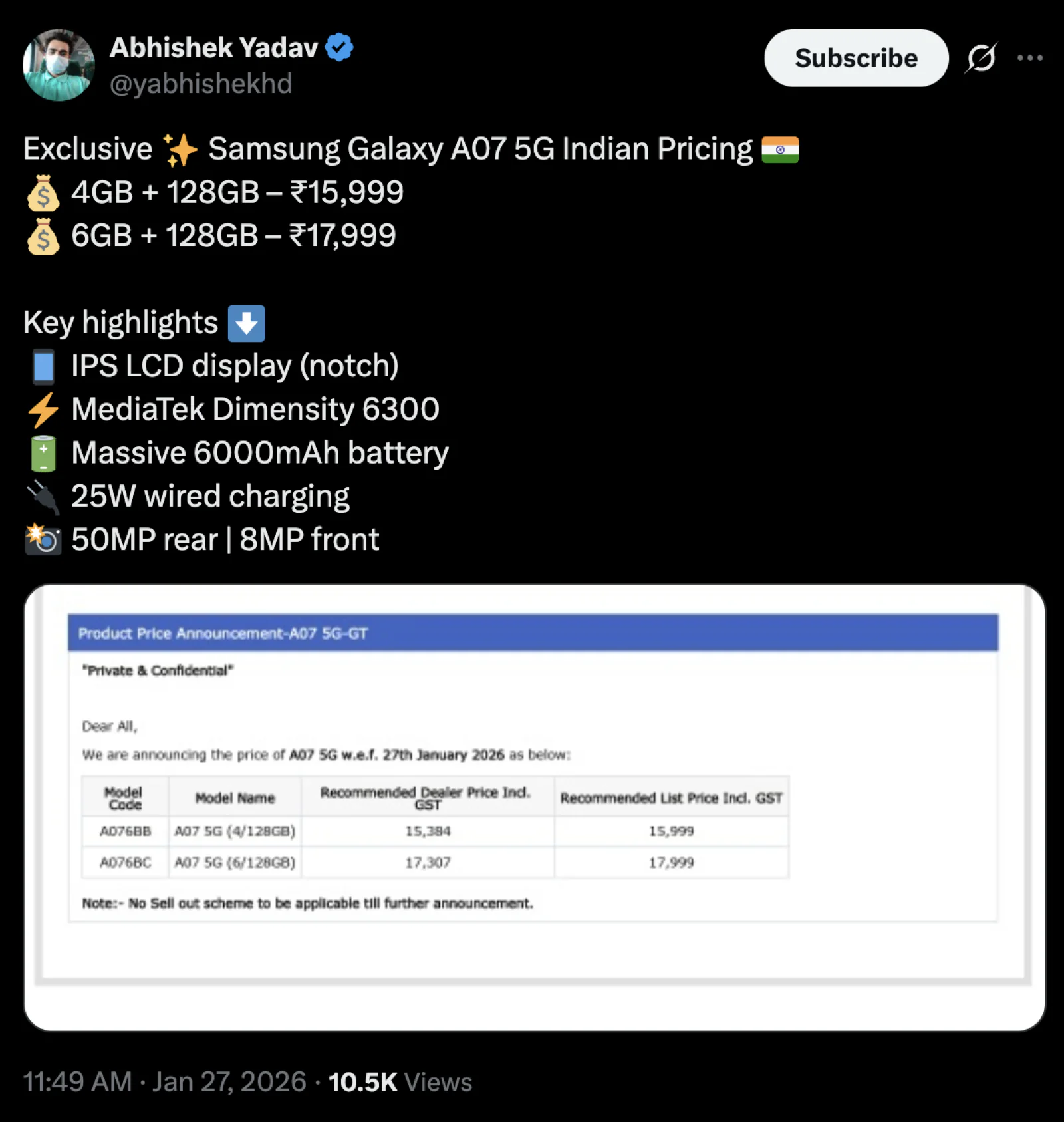 Samsung Galaxy A07 5G packs 6,000mAh battery with 25W charging