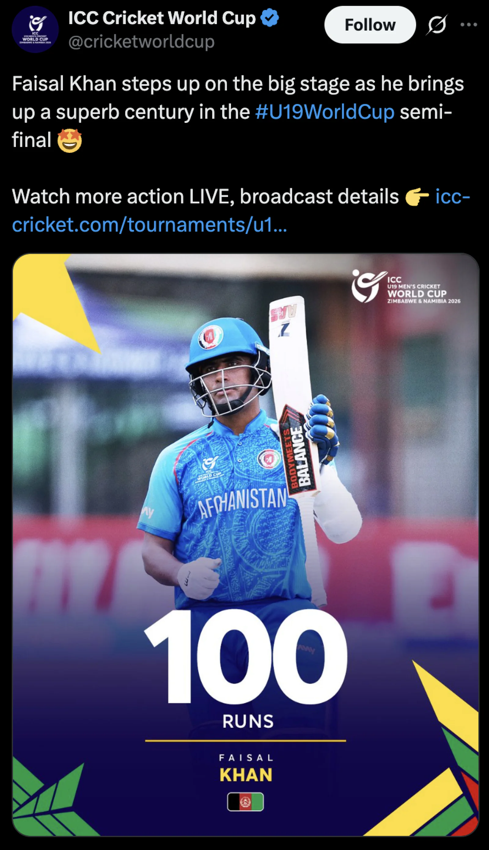 Faisal Sinozada Slams Stunning Century as Afghanistan Dominate U-19 World Cup Semi-Final