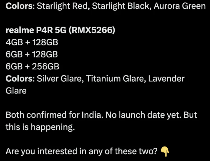 Realme 16T 5G and Realme P4R 5G Launch in India Soon: Variants and Colours Leaked