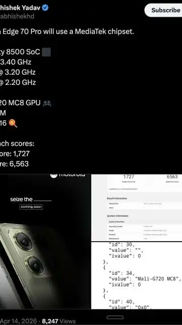 Motorola Edge 70 Pro Geekbench Listing Reveals Dimensity 8500 Chip, 12GB RAM