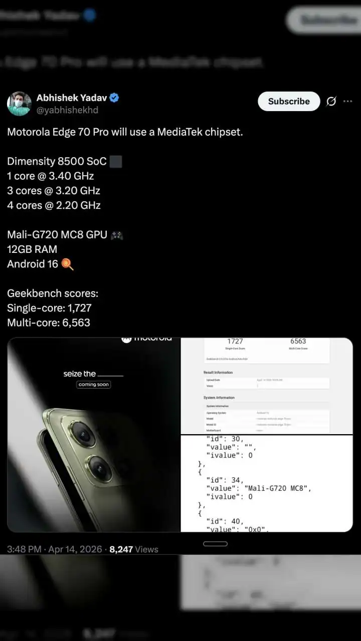 Motorola Edge 70 Pro Geekbench Listing Reveals Dimensity 8500 Chip, 12GB RAM